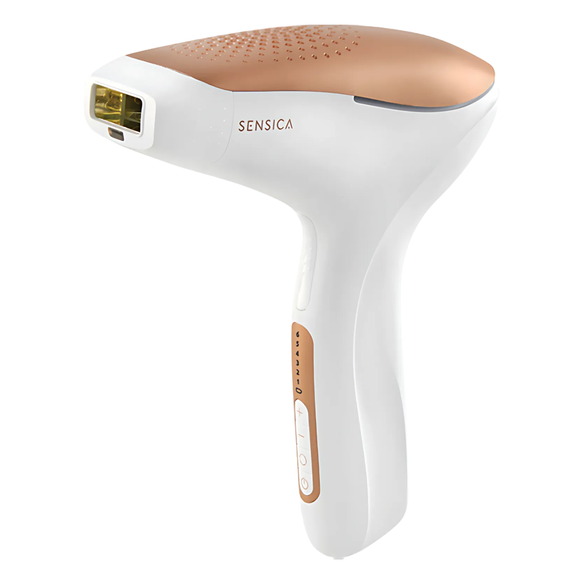 White and rose gold hair removal device with 'SENSICA' branding on a white background