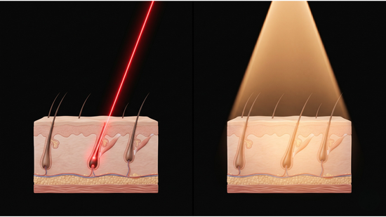 Prism splitting light beam into rainbow spectrum beside red laser on white surface