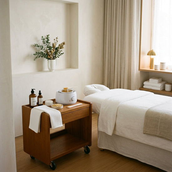 Wax treatment room with massage table, towels, and decorative elements.