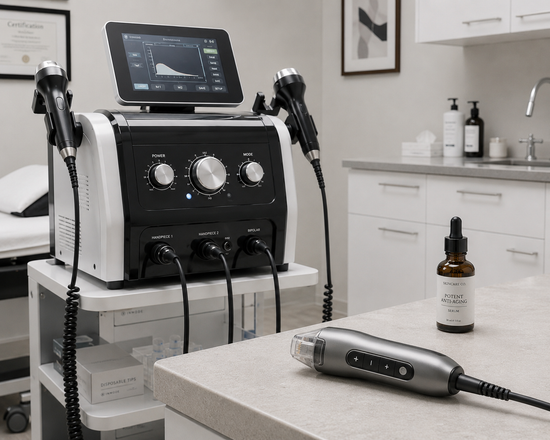 RF beauty device and anti-aging serum on clinic counter with radiofrequency machine