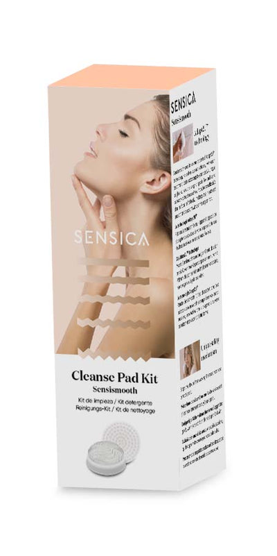 Sensica Cleanse Pad Kit Sensmooth skincare box packaging, featuring a model's face and hand on the front with product details and a small circular pad illustration on a white background.